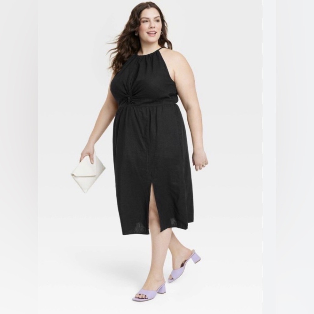 Ava & Viv women's halter neck A-line dress, 1X black linen blend fabric. NWT